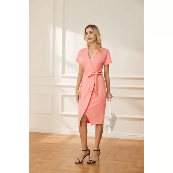 GRACE KARIN Womens Short Sleeve V Neck Business Dress Tie Waist Faux Wrap Slit Cocktail Party Dress Bodycon Midi DressLight Pink