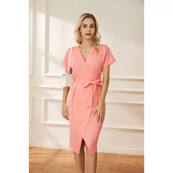 GRACE KARIN Womens Short Sleeve V Neck Business Dress Tie Waist Faux Wrap Slit Cocktail Party Dress Bodycon Midi DressLight Pink