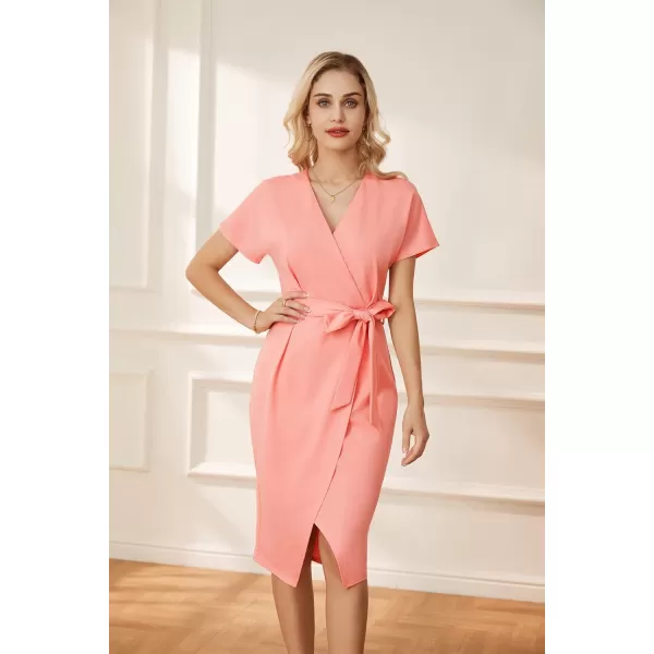 GRACE KARIN Womens Short Sleeve V Neck Business Dress Tie Waist Faux Wrap Slit Cocktail Party Dress Bodycon Midi DressLight Pink