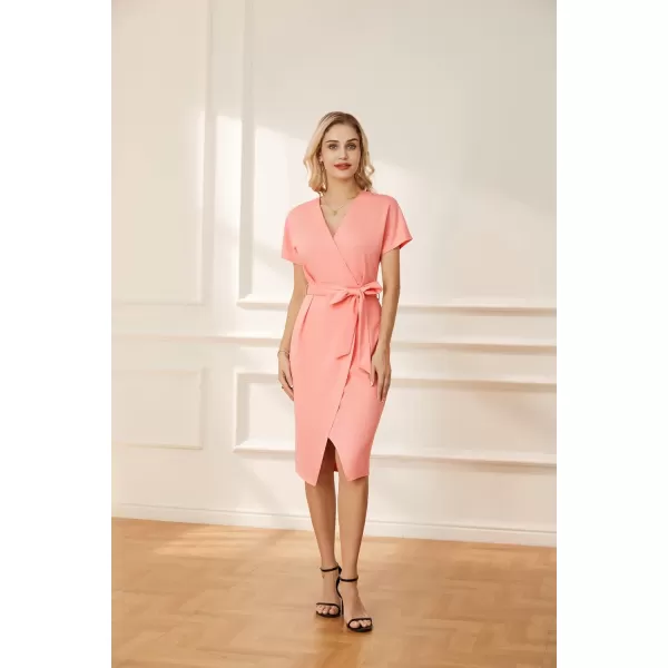 GRACE KARIN Womens Short Sleeve V Neck Business Dress Tie Waist Faux Wrap Slit Cocktail Party Dress Bodycon Midi DressLight Pink