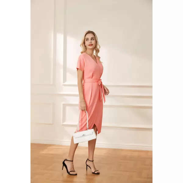 GRACE KARIN Womens Short Sleeve V Neck Business Dress Tie Waist Faux Wrap Slit Cocktail Party Dress Bodycon Midi DressLight Pink