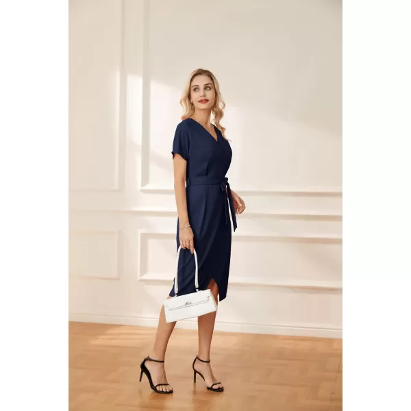 GRACE KARIN Womens Short Sleeve V Neck Business Dress Tie Waist Faux Wrap Slit Cocktail Party Dress Bodycon Midi DressNavy Blue