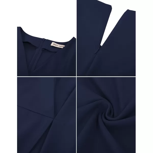 GRACE KARIN Womens Short Sleeve V Neck Business Dress Tie Waist Faux Wrap Slit Cocktail Party Dress Bodycon Midi DressNavy Blue