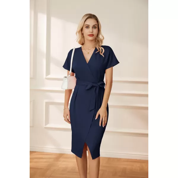 GRACE KARIN Womens Short Sleeve V Neck Business Dress Tie Waist Faux Wrap Slit Cocktail Party Dress Bodycon Midi DressNavy Blue