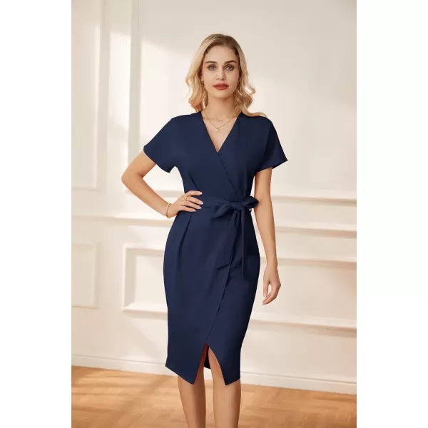 GRACE KARIN Womens Short Sleeve V Neck Business Dress Tie Waist Faux Wrap Slit Cocktail Party Dress Bodycon Midi DressNavy Blue