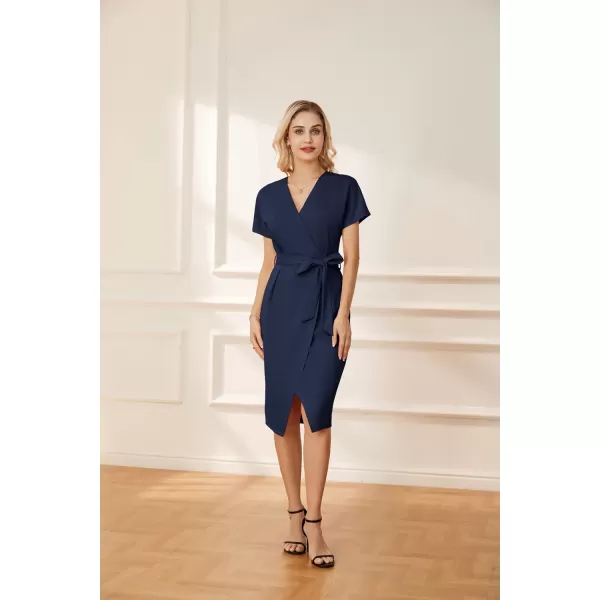 GRACE KARIN Womens Short Sleeve V Neck Business Dress Tie Waist Faux Wrap Slit Cocktail Party Dress Bodycon Midi DressNavy Blue