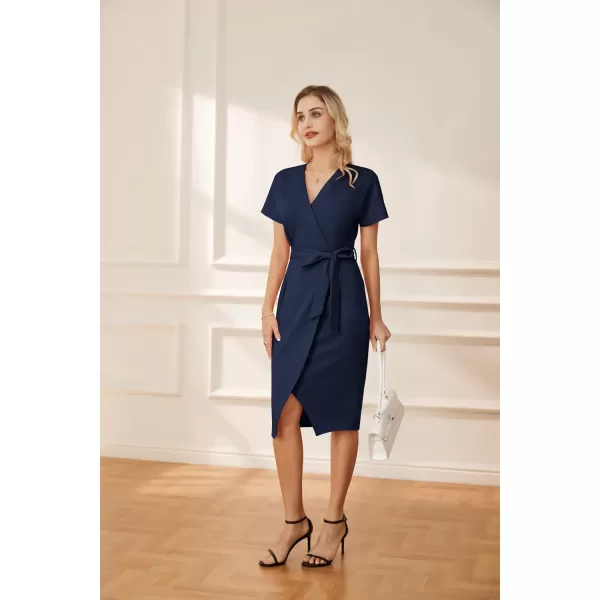 GRACE KARIN Womens Short Sleeve V Neck Business Dress Tie Waist Faux Wrap Slit Cocktail Party Dress Bodycon Midi DressNavy Blue