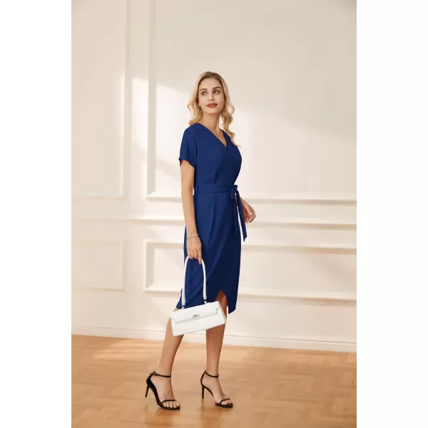 GRACE KARIN Womens Short Sleeve V Neck Business Dress Tie Waist Faux Wrap Slit Cocktail Party Dress Bodycon Midi DressRoyal Blue