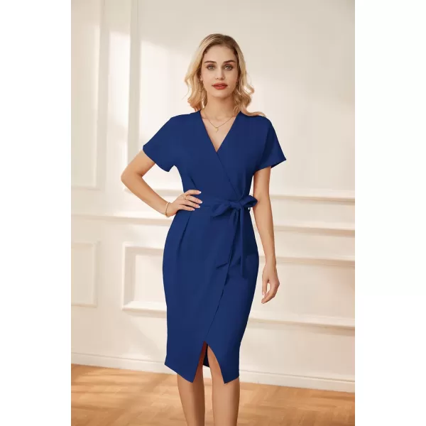 GRACE KARIN Womens Short Sleeve V Neck Business Dress Tie Waist Faux Wrap Slit Cocktail Party Dress Bodycon Midi DressRoyal Blue