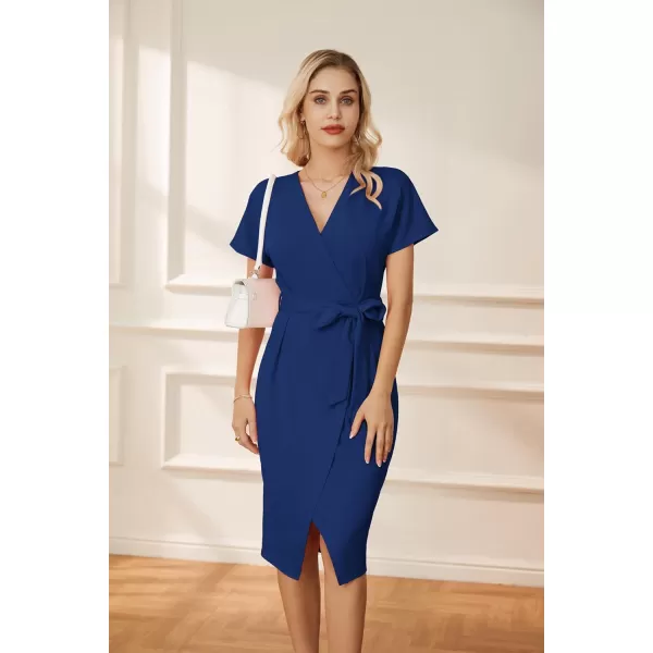 GRACE KARIN Womens Short Sleeve V Neck Business Dress Tie Waist Faux Wrap Slit Cocktail Party Dress Bodycon Midi DressRoyal Blue