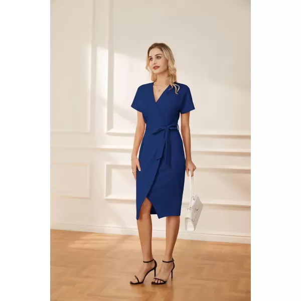 GRACE KARIN Womens Short Sleeve V Neck Business Dress Tie Waist Faux Wrap Slit Cocktail Party Dress Bodycon Midi DressRoyal Blue