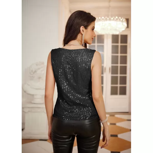 GRACE KARIN Womens Sleeveless Cowl Neck Sequin Tank Tops Sparkly Club Party Shirts Drape Neck Glitter Cocktail BlousesBlack