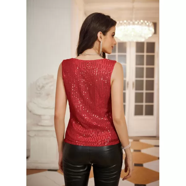 GRACE KARIN Womens Sleeveless Cowl Neck Sequin Tank Tops Sparkly Club Party Shirts Drape Neck Glitter Cocktail BlousesRed