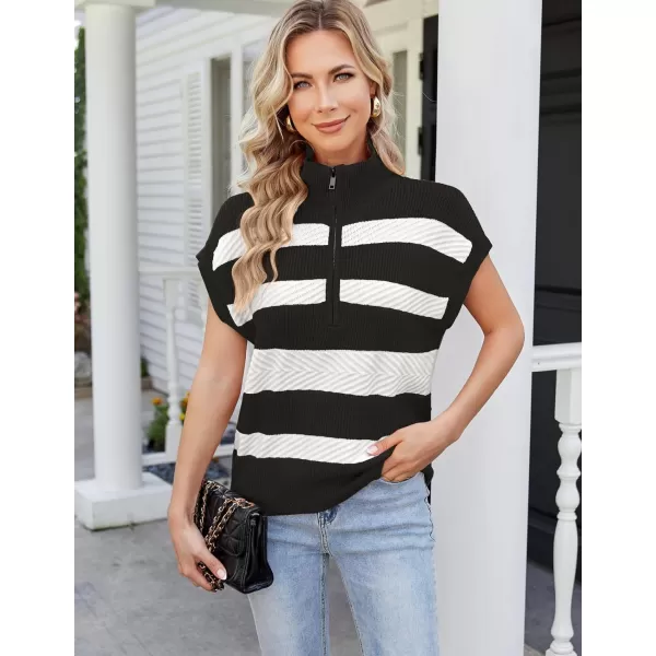 GRACE KARIN Womens Sleeveless Half Zip Sweater Striped Short Sleeve Pullover Ribbed Knitted Loose Sweaters S2XLBlack Stripe1