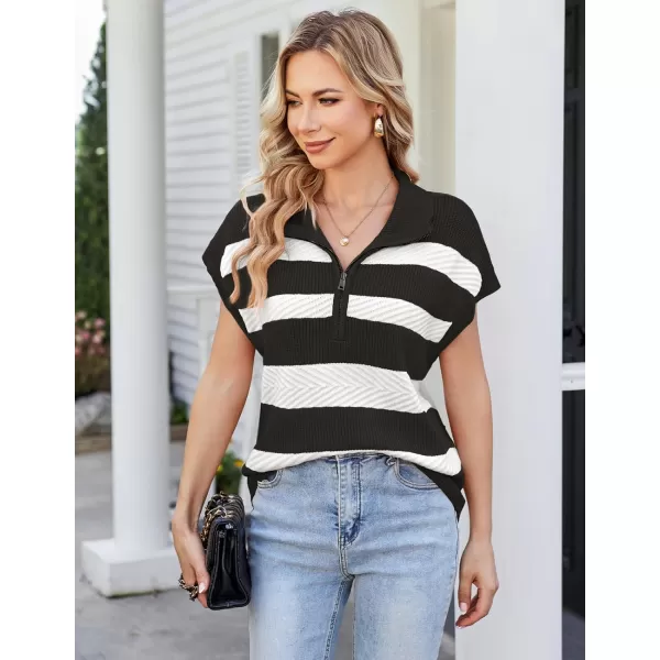 GRACE KARIN Womens Sleeveless Half Zip Sweater Striped Short Sleeve Pullover Ribbed Knitted Loose Sweaters S2XLBlack Stripe1