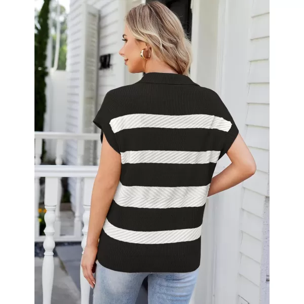 GRACE KARIN Womens Sleeveless Half Zip Sweater Striped Short Sleeve Pullover Ribbed Knitted Loose Sweaters S2XLBlack Stripe1