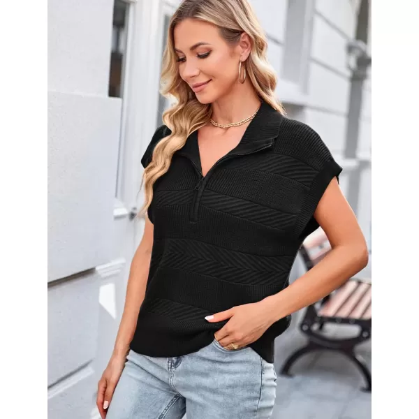 GRACE KARIN Womens Sleeveless Half Zip Sweater Striped Short Sleeve Pullover Ribbed Knitted Loose Sweaters S2XLBlack2