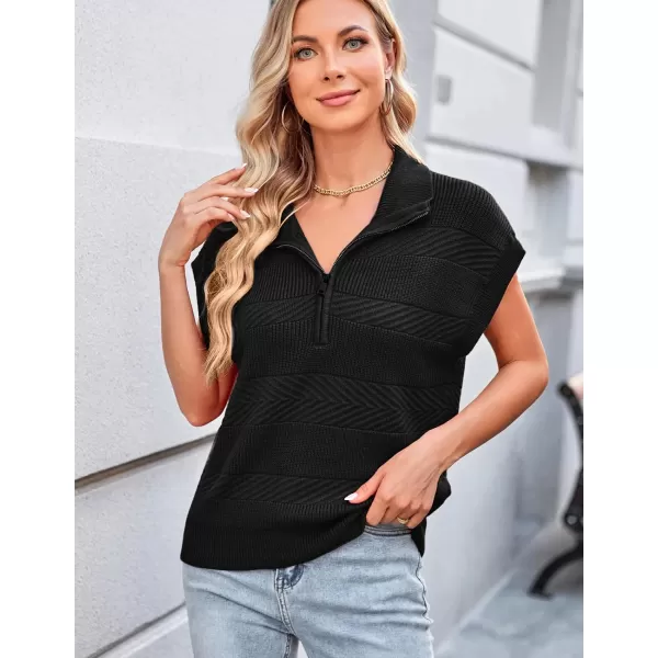 GRACE KARIN Womens Sleeveless Half Zip Sweater Striped Short Sleeve Pullover Ribbed Knitted Loose Sweaters S2XLBlack2