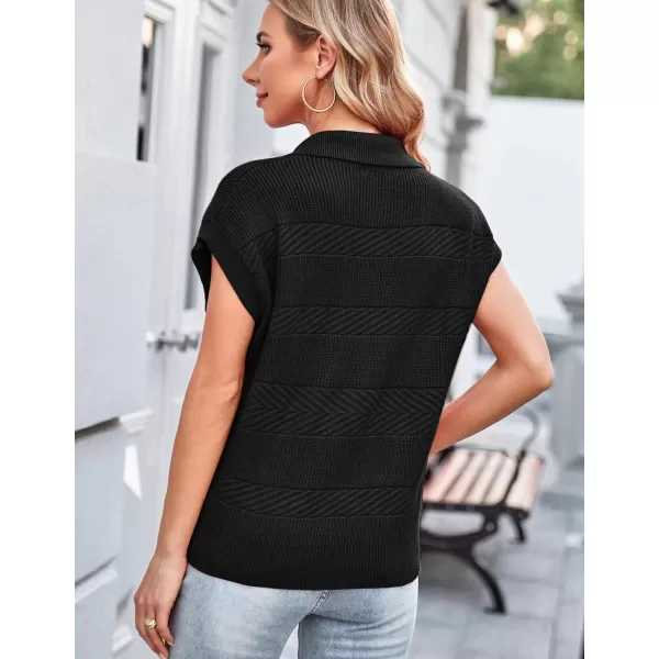 GRACE KARIN Womens Sleeveless Half Zip Sweater Striped Short Sleeve Pullover Ribbed Knitted Loose Sweaters S2XLBlack2