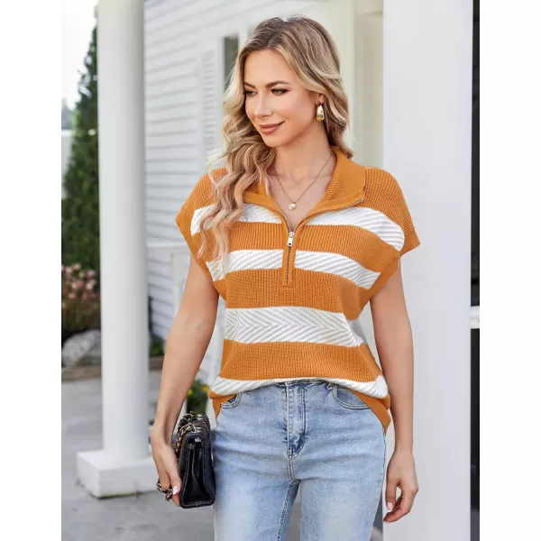 GRACE KARIN Womens Sleeveless Half Zip Sweater Striped Short Sleeve Pullover Ribbed Knitted Loose Sweaters S2XLKhaki Stripe1