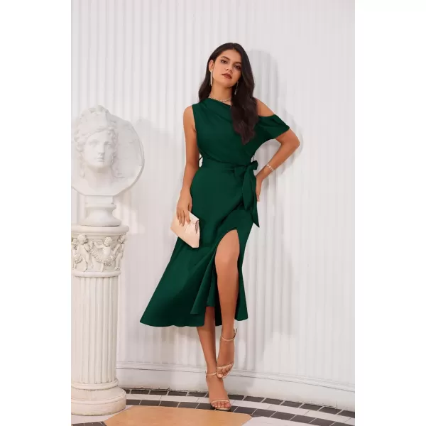 GRACE KARIN Womens Sleeveless One Shoulder Midi Cocktail Party Dress Satin Cap Sleeve Tie Waist Elegant ALine Flowy DressesDark Green