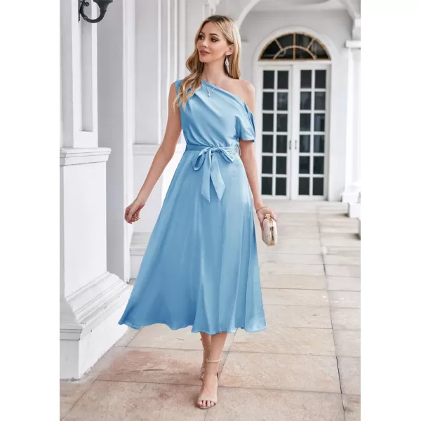 GRACE KARIN Womens Sleeveless One Shoulder Midi Cocktail Party Dress Satin Cap Sleeve Tie Waist Elegant ALine Flowy DressesLight Blue