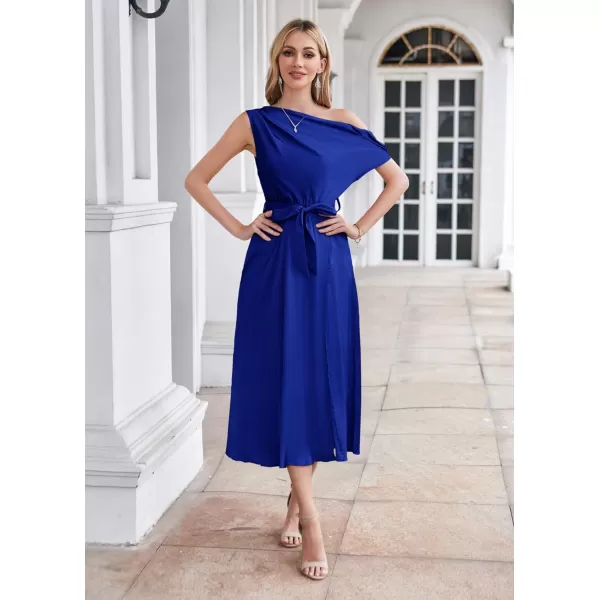 GRACE KARIN Womens Sleeveless One Shoulder Midi Cocktail Party Dress Satin Cap Sleeve Tie Waist Elegant ALine Flowy DressesRoyal Blue