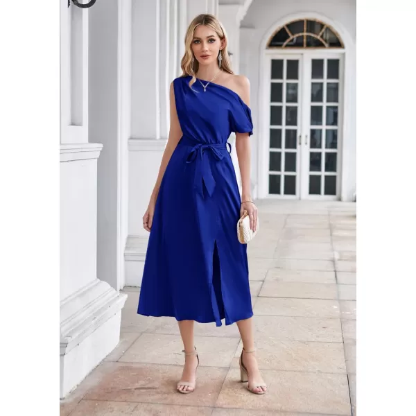 GRACE KARIN Womens Sleeveless One Shoulder Midi Cocktail Party Dress Satin Cap Sleeve Tie Waist Elegant ALine Flowy DressesRoyal Blue