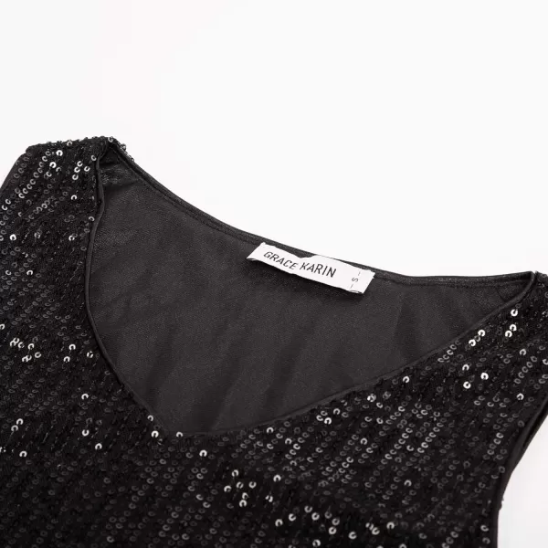 GRACE KARIN Womens Sleeveless Sparkle Sequin Tops VNeck Cami Sexy Club Tank TopPeplumblack