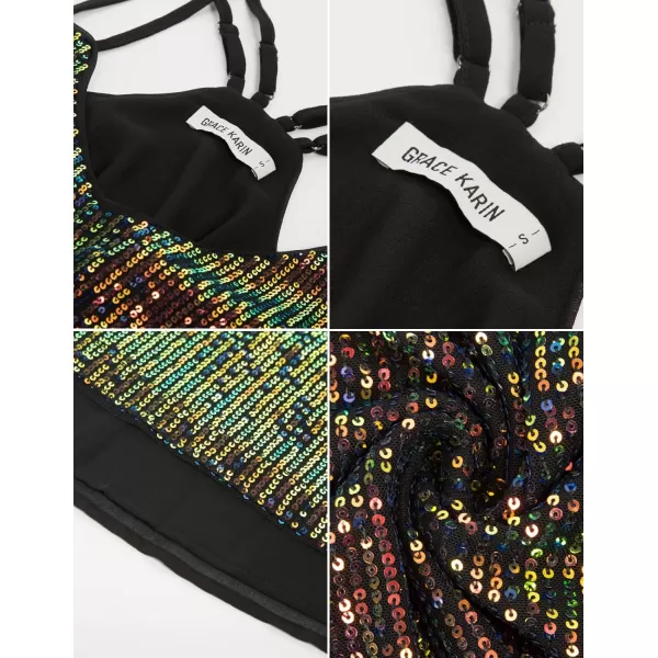 GRACE KARIN Womens Sleeveless Sparkle Shimmer Camisole Vest Double Strap Sequin Tank TopsBlack Colorful