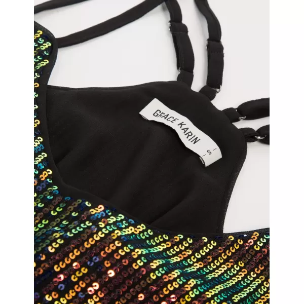 GRACE KARIN Womens Sleeveless Sparkle Shimmer Camisole Vest Double Strap Sequin Tank TopsBlack Colorful