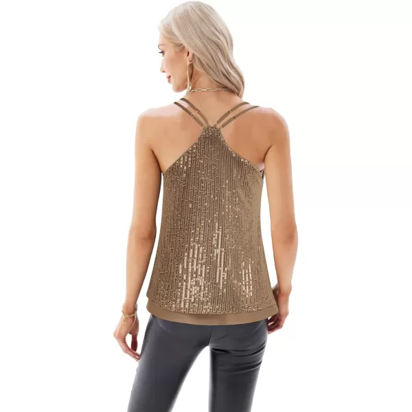 GRACE KARIN Womens Sleeveless Sparkle Shimmer Camisole Vest Double Strap Sequin Tank TopsCoffee