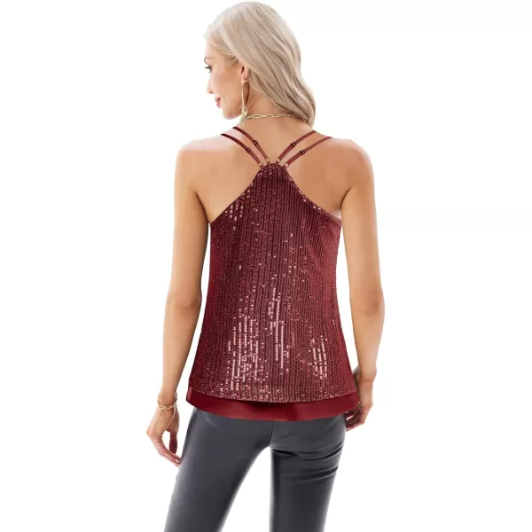 GRACE KARIN Womens Sleeveless Sparkle Shimmer Camisole Vest Double Strap Sequin Tank TopsDouble Wine Red