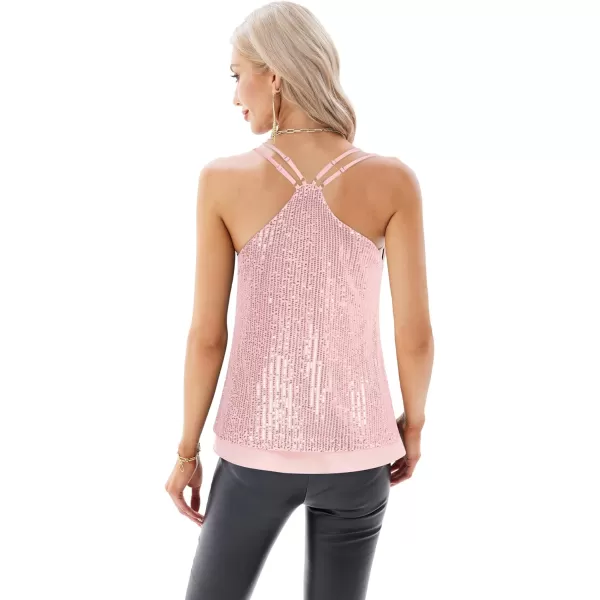 GRACE KARIN Womens Sleeveless Sparkle Shimmer Camisole Vest Double Strap Sequin Tank TopsPink Double Strap