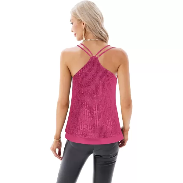 GRACE KARIN Womens Sleeveless Sparkle Shimmer Camisole Vest Double Strap Sequin Tank TopsRose Red