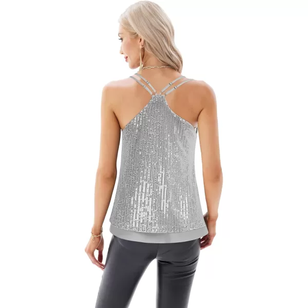 GRACE KARIN Womens Sleeveless Sparkle Shimmer Camisole Vest Double Strap Sequin Tank TopsSilver Grey