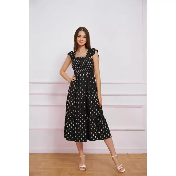 GRACE KARIN Womens Smocked Flowy Summer Dresses A Line Square Neck Flutter Sleeve Ruffle Tiered Polka Dot Cocktail DressBlack