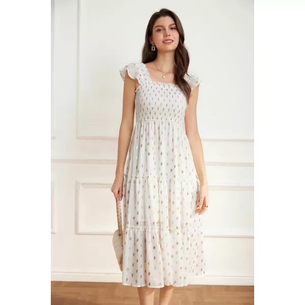 GRACE KARIN Womens Smocked Flowy Summer Dresses A Line Square Neck Flutter Sleeve Ruffle Tiered Polka Dot Cocktail DressWhite