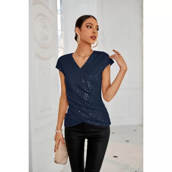 GRACE KARIN Womens Sparkle Sequin Top Shimmer Glitter Blouse Twist Front V Neck Cap Sleeve Club Party ShirtNavy Blue