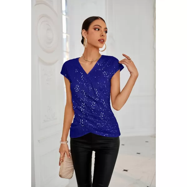 GRACE KARIN Womens Sparkle Sequin Top Shimmer Glitter Blouse Twist Front V Neck Cap Sleeve Club Party ShirtRoyal Blue