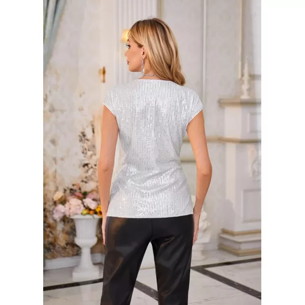 GRACE KARIN Womens Sparkle Sequin Top Shimmer Glitter Blouse Twist Front V Neck Cap Sleeve Club Party ShirtSilver White