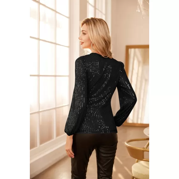 GRACE KARIN Womens Sparkly Sequin Top Long Sleeves Glitter Blouse V Neck Ruched Sparkle Dressy Party Club TopsBlack
