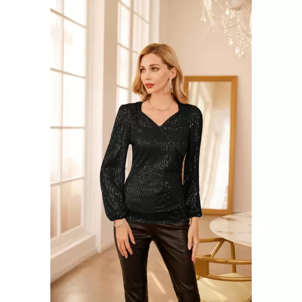 GRACE KARIN Womens Sparkly Sequin Top Long Sleeves Glitter Blouse V Neck Ruched Sparkle Dressy Party Club TopsBlack