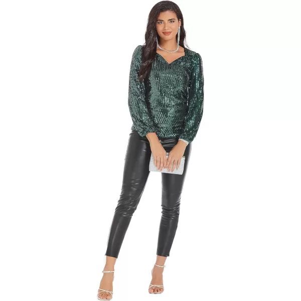 GRACE KARIN Womens Sparkly Sequin Top Long Sleeves Glitter Blouse V Neck Ruched Sparkle Dressy Party Club TopsDark Green