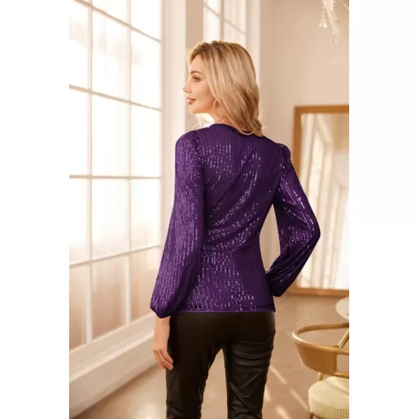 GRACE KARIN Womens Sparkly Sequin Top Long Sleeves Glitter Blouse V Neck Ruched Sparkle Dressy Party Club TopsPurple