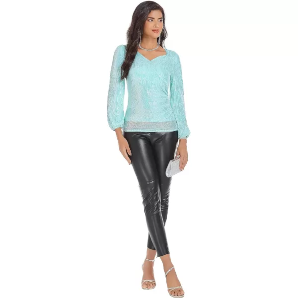 GRACE KARIN Womens Sparkly Sequin Top Long Sleeves Glitter Blouse V Neck Ruched Sparkle Dressy Party Club TopsSky Blue