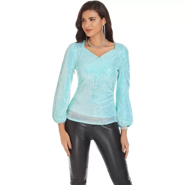 GRACE KARIN Womens Sparkly Sequin Top Long Sleeves Glitter Blouse V Neck Ruched Sparkle Dressy Party Club TopsSky Blue