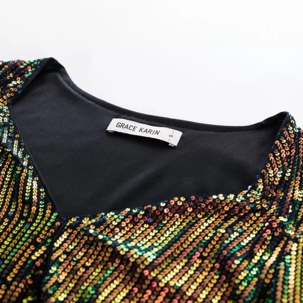 GRACE KARIN Womens Sparkly Sequin Top Long Sleeves Glitter Blouse V Neck Ruched Sparkle Dressy Party Club TopsSymphony Black