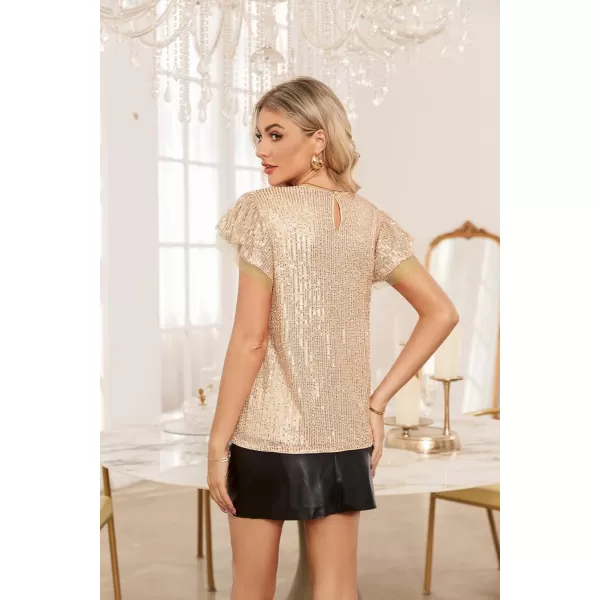 GRACE KARIN Womens Sparkly Sequin Tops Short Sleeve Glitter Dressy Blouses Round Neck Party Club Ruffle Sequins ShirtsChampagne Gold