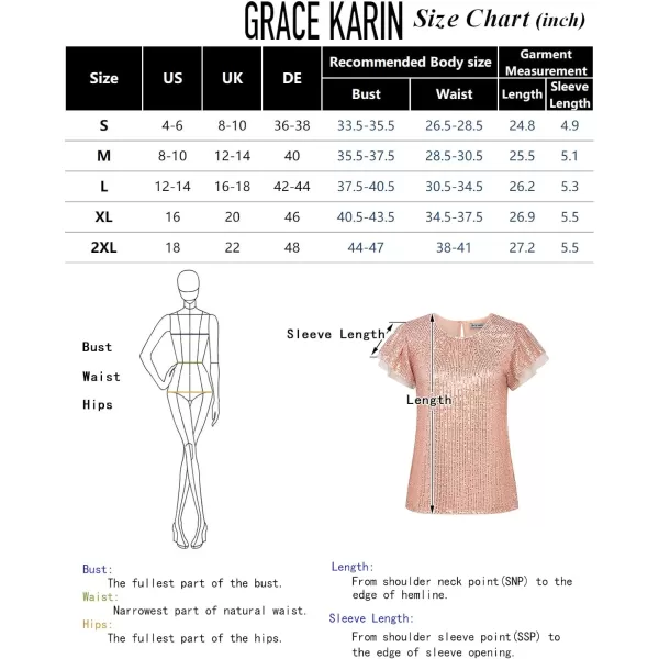 GRACE KARIN Womens Sparkly Sequin Tops Short Sleeve Glitter Dressy Blouses Round Neck Party Club Ruffle Sequins ShirtsRose Gold